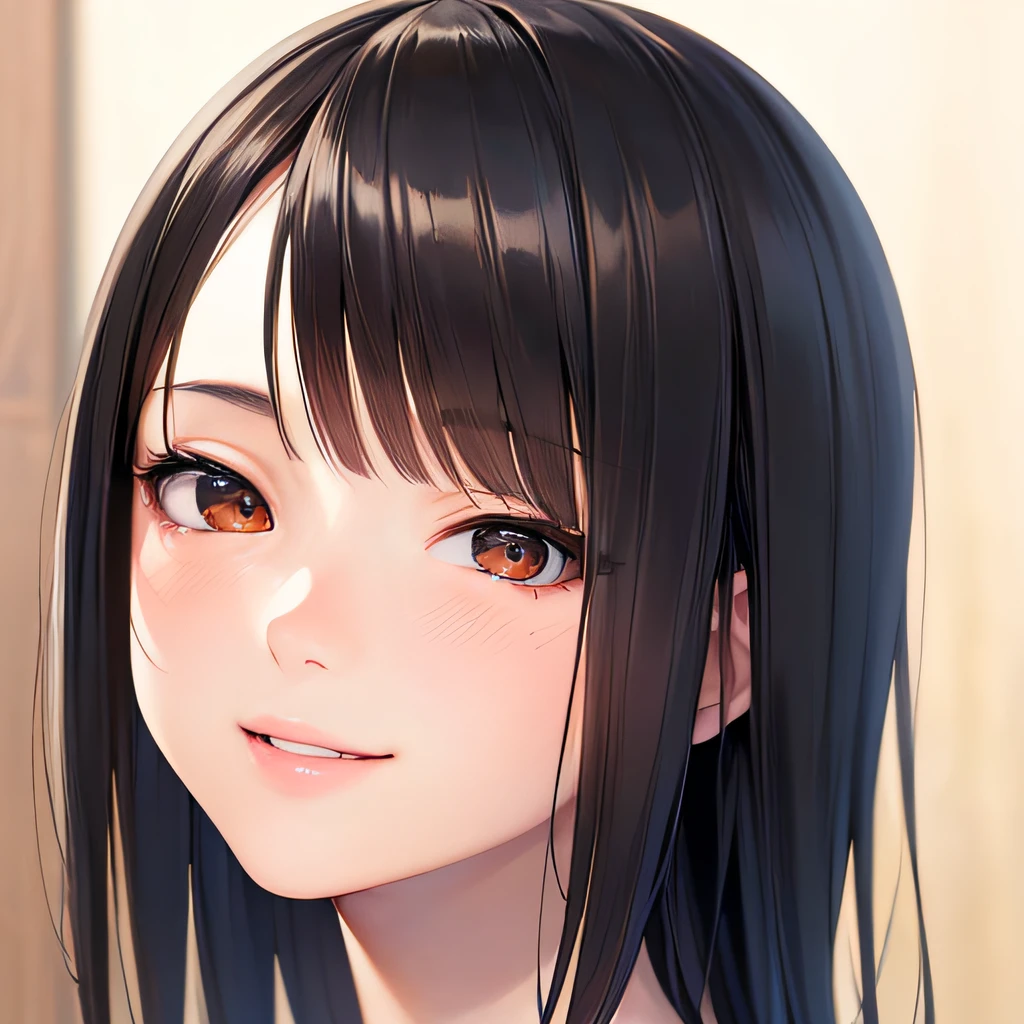 photographrealistic, (masutepiece,Best Quality:1.4),(8K,Raw photo,photographrealistic:1.2), Detailed skin,Detailed face,1girl in,Japanese Idol,Cute face, Black hair,slender, shiny eyes, Smile, close-up, Dutch Angle, looking away from viewer, sideshot