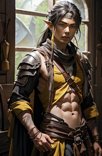 Handsome men ,RPG、Small eyes、tied up long hair、fantasy style clothing、yellow outfit、wearing a long yellow bandana、Black hair、You can also see some abdominal muscles、luxury bandana