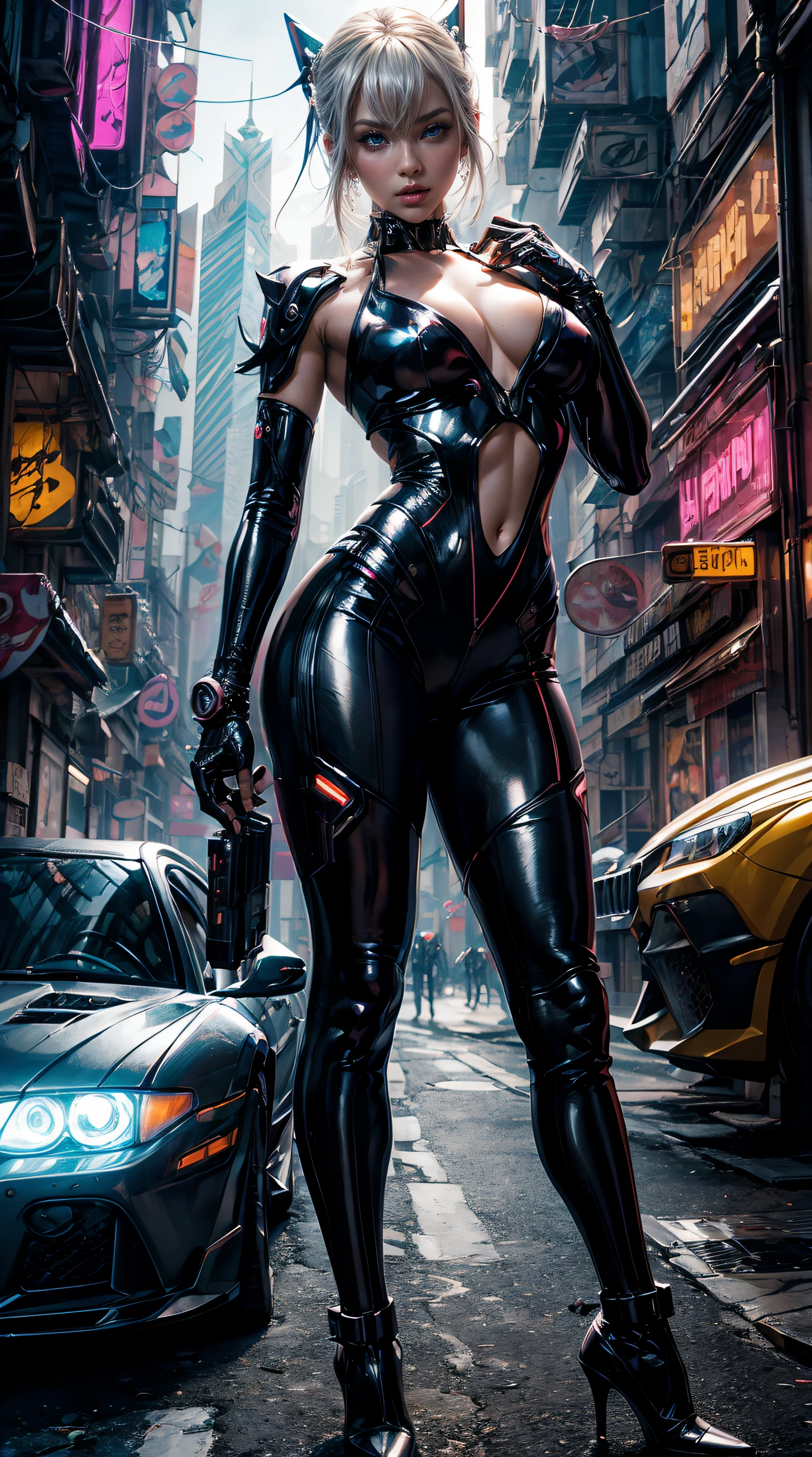 "futuristic android, Hajime Sorayama inspirado, Elegante ((cromo)) Superficie, reflexivo ((vidrio)), revestido de cuero, (futuristic) girlish, dynamic pose, metallic gloss, ojos brillantes, ((aesthetic cyberpunk)).
