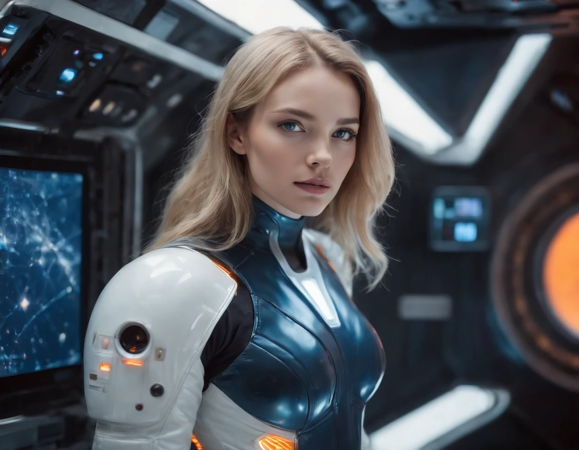 (masterpiece, best quality), beautiful female space pilot with blue eyes and blond flying hair is wearing a futuristic space suit in latex, metallic, white, shiny, glowing light stripes in space suit inspired by TRON, space suit top, but wearing only boxer shorts, bare legs, preparing to go to bed, HD, the girl is floating around in zero gravity in a cabin of a futuristic spaceship, no gravity, weightless, flying around, through a window in the spaceship we can see the glowing sun from a close distance, subdued light in the spaceship, lots of displayers and instruments are the main source for the light in the scene, displayers in orange and blue light, a glowing orange light from the sun outside the space ship is dominating the scene, cinematic lighting in the hair, hair light, wind in the hair,