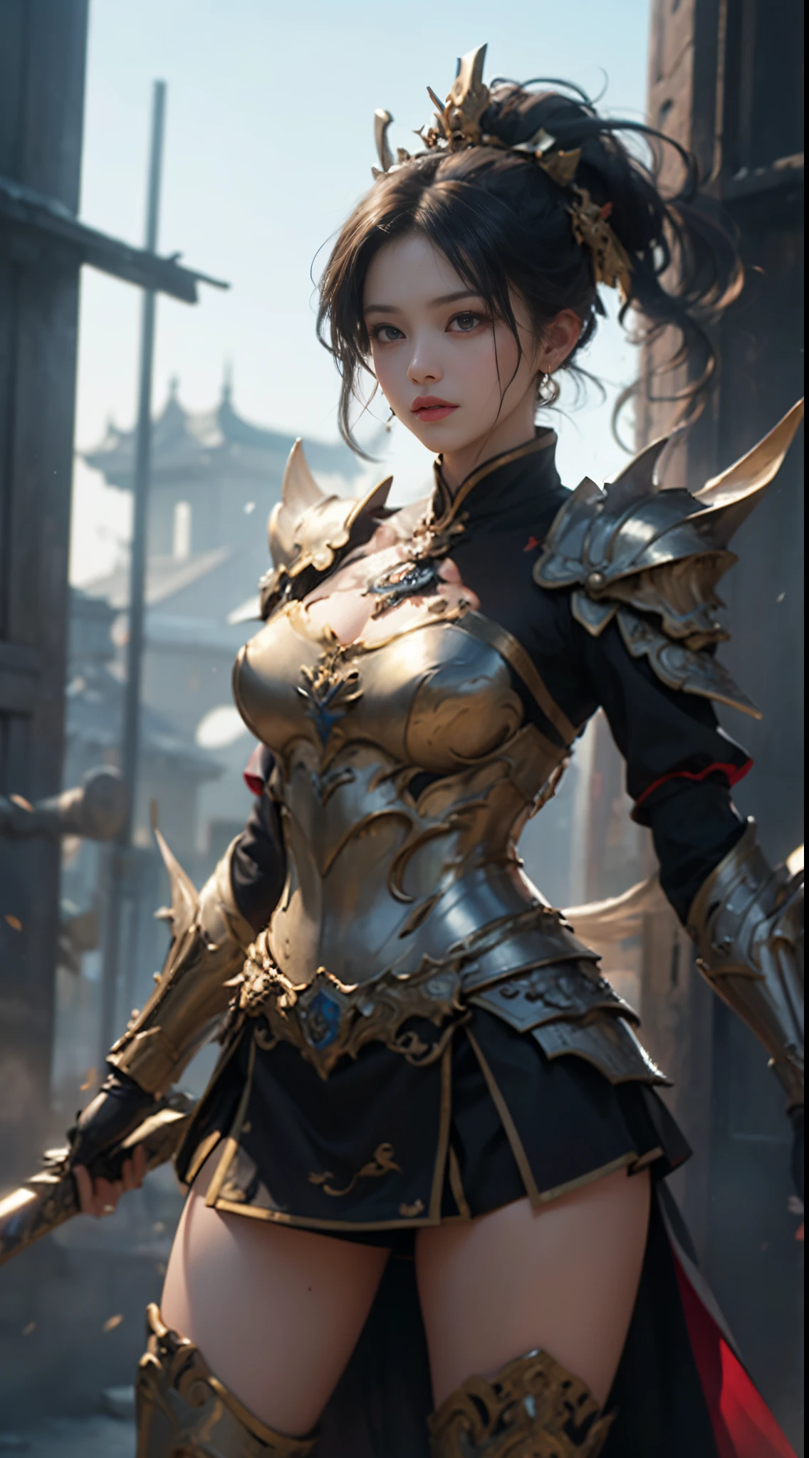 ((​masterpiece))、((Best Quality))、((Surreal)), ((extremely details CG))、A MILF、美丽的面容、Female Generals、chineseidol、three kingdom、s Armor、sexy armor、a miniskirt、Super Hi-Leg、Luxurious hair ornaments、cloaks、Combat stance、Has a blue dragon sword