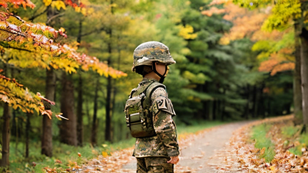 miltary、base、Camouflage pattern military uniform、Japan Army、cute little、boy、japanes、upper body shot、Camouflage helmet、Oversized helmet、Camouflage pattern、Camouflage、rifle、machine guns、machine gun、blunt bangs、Autumn Mountains、Colored leaves、Yamanaka、11 year old、Rear view
