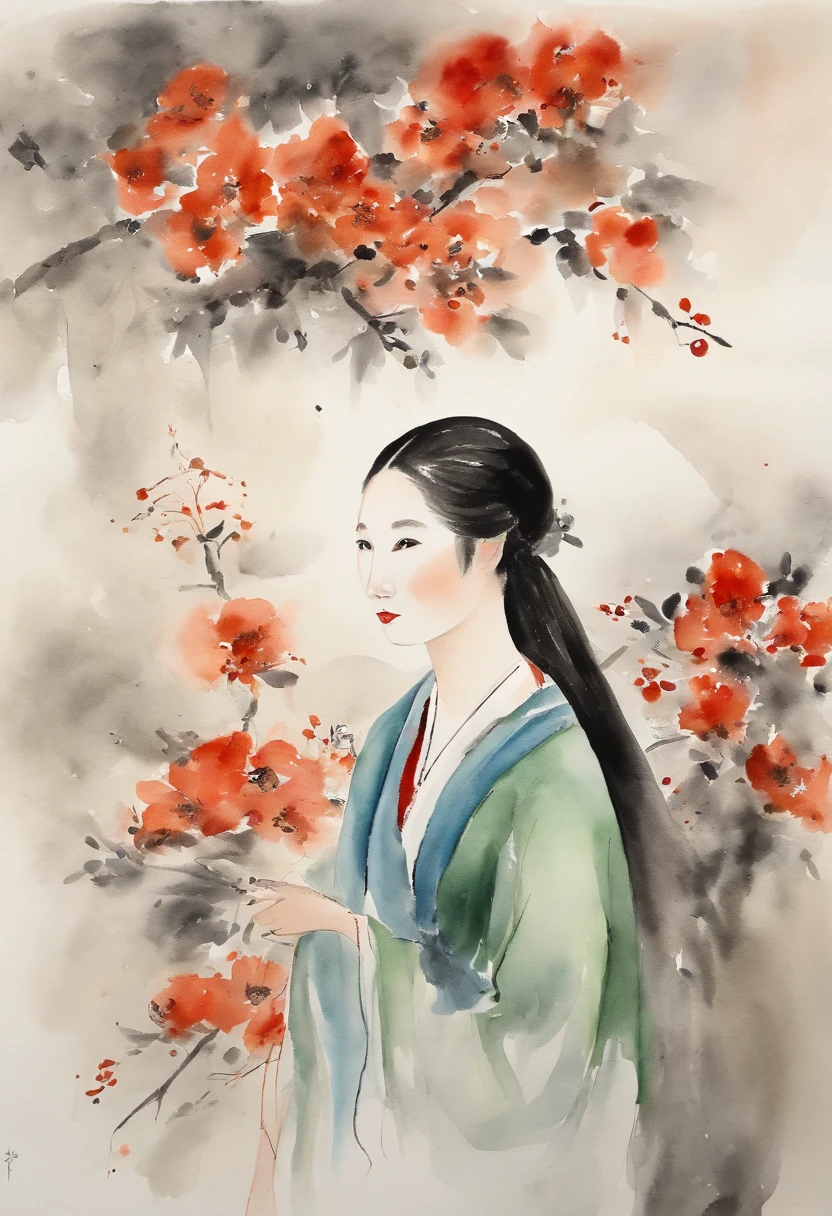 natta,minority elements,classical,Qi Baishi's painting style,Modern style,watercolor paiting、middle school girl、cute little、infp young woman、shinny hair