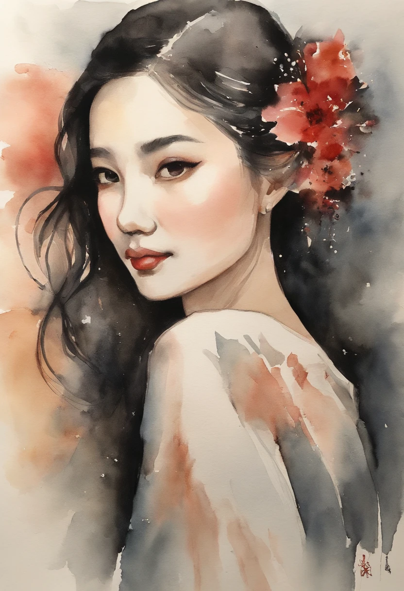 natta，minority elements，classical，Qi Baishi&#39;s painting style，Modern style，watercolor paiting、middle school girl、cute little、infp young woman、shinny hair