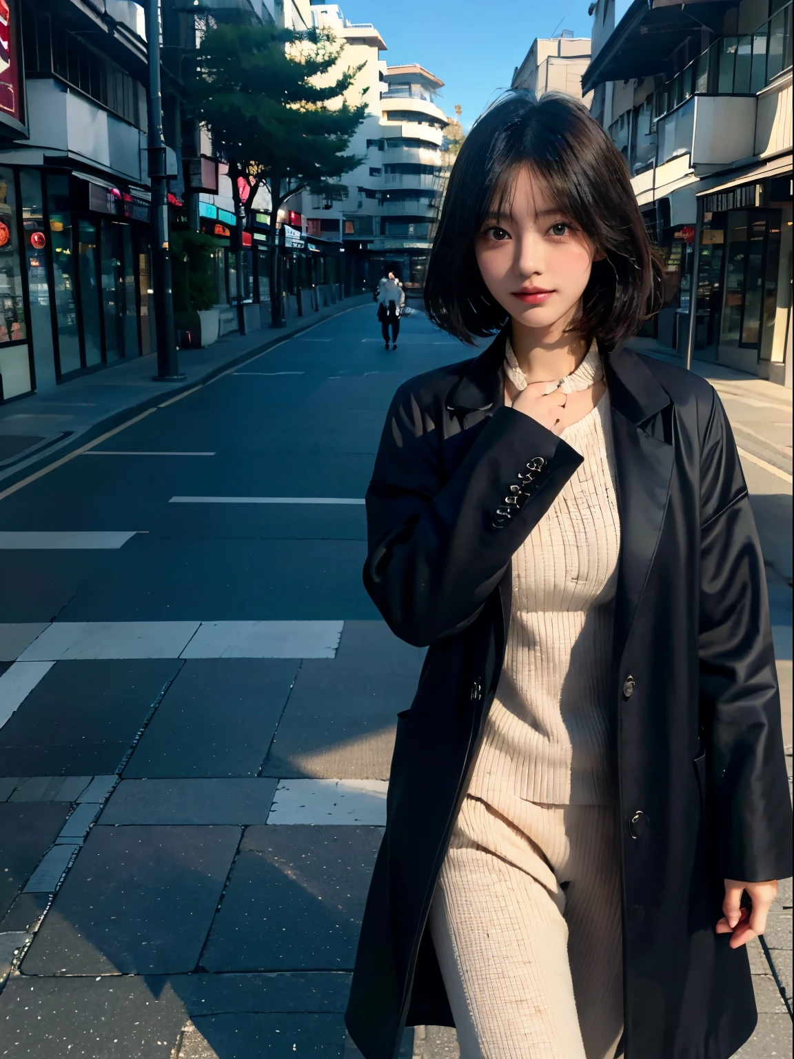 Stroll through the shopping street、Portrait of a woman in a coat, top-quality、hyper HD、奈良美智, Japanese Models, Beautiful Japan Girl, With short hair, 27-year-old female model, 4 k ], 4K], 27yo, sakimichan, sakimichan