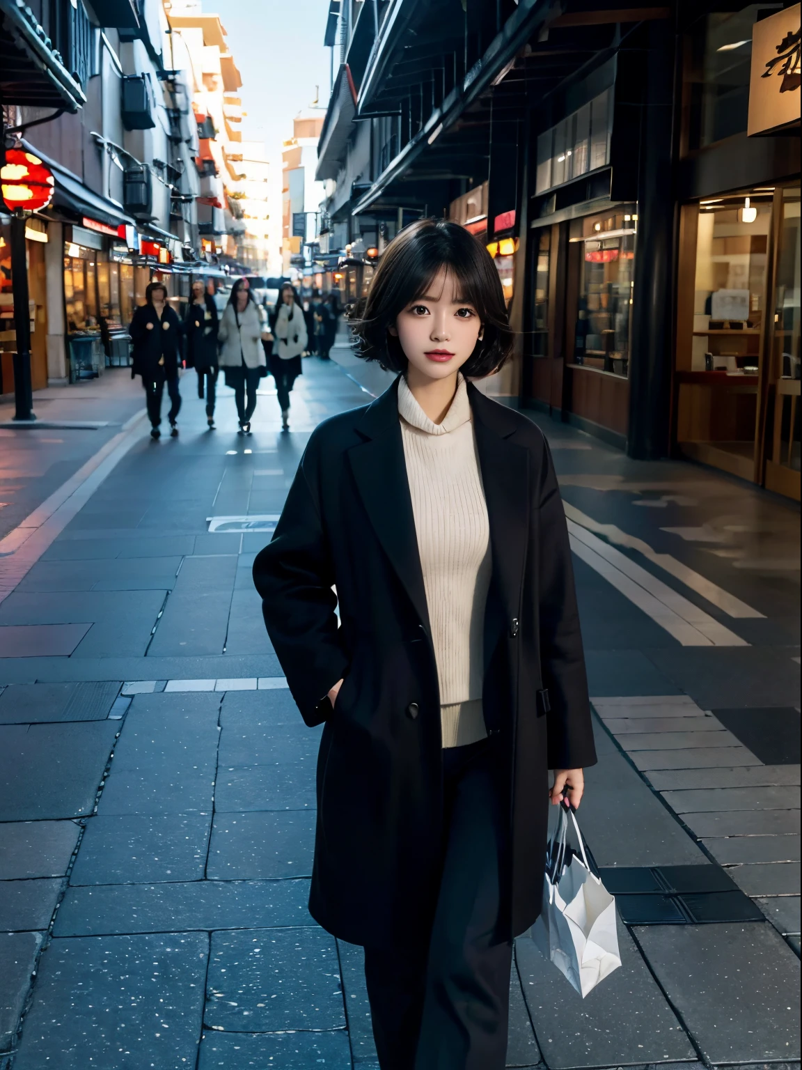 Stroll through the shopping street、Portrait of a woman in a coat, top-quality、hyper HD、奈良美智, Japanese Models, Beautiful Japan Girl, With short hair, 27-year-old female model, 4 k ], 4K], 27yo, sakimichan, sakimichan