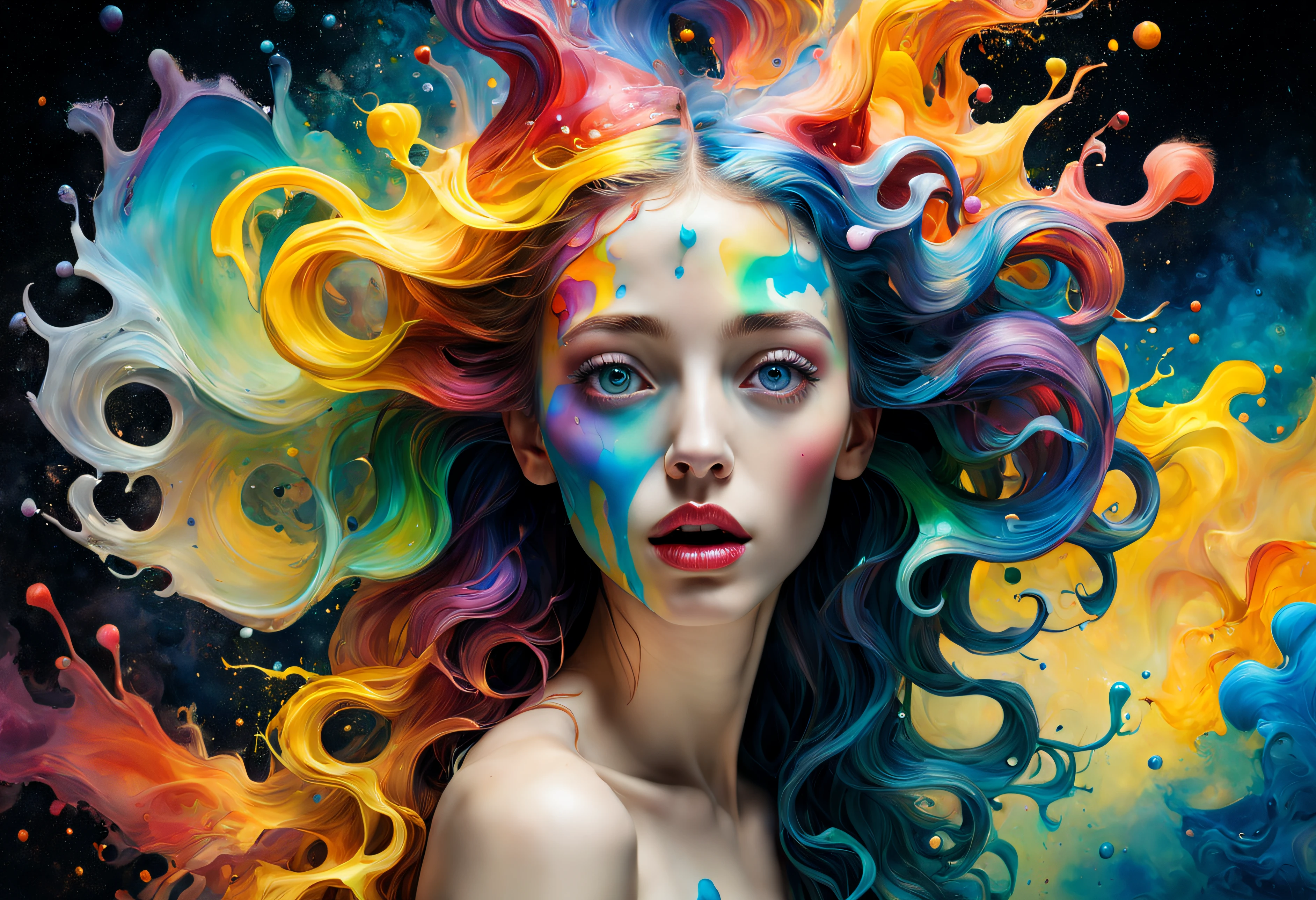 aries zodiac sign, level difference:1.8),(Paint colliding and splashing on the canvas),(depth of field),1girl's side face blends into it,((side face)),open mouth,(liquid paint rainbow hair:1.1) made of paint and defies gravity,thick flowing,(paint splatter:1.3),Liquid state,stunningly beautiful, masterpiece, detailed background,ultra high quality model, ethereal background,abstract beauty, explosive volumetric, oil painting,heavy strokes,Romantic lighting, Tatto on face script Effegi" Sub-Surface Scatterring,lens 135mm,f1.8,glow,8k,high resolution, dreamy,ray tracing,hdr,god rays,A color painted beautiful young woman., mystical waves at night. 3d. Iridescent. the melting beauty of the Universe. surrealism in the reflection of nebula fragments. Encaustic paint. Alcohol ink. Works by Gustav Klimt, Escher, Jean Baptiste Monge, Alberto Seveso. High contrast. super detail. Intricate. Open eyes.