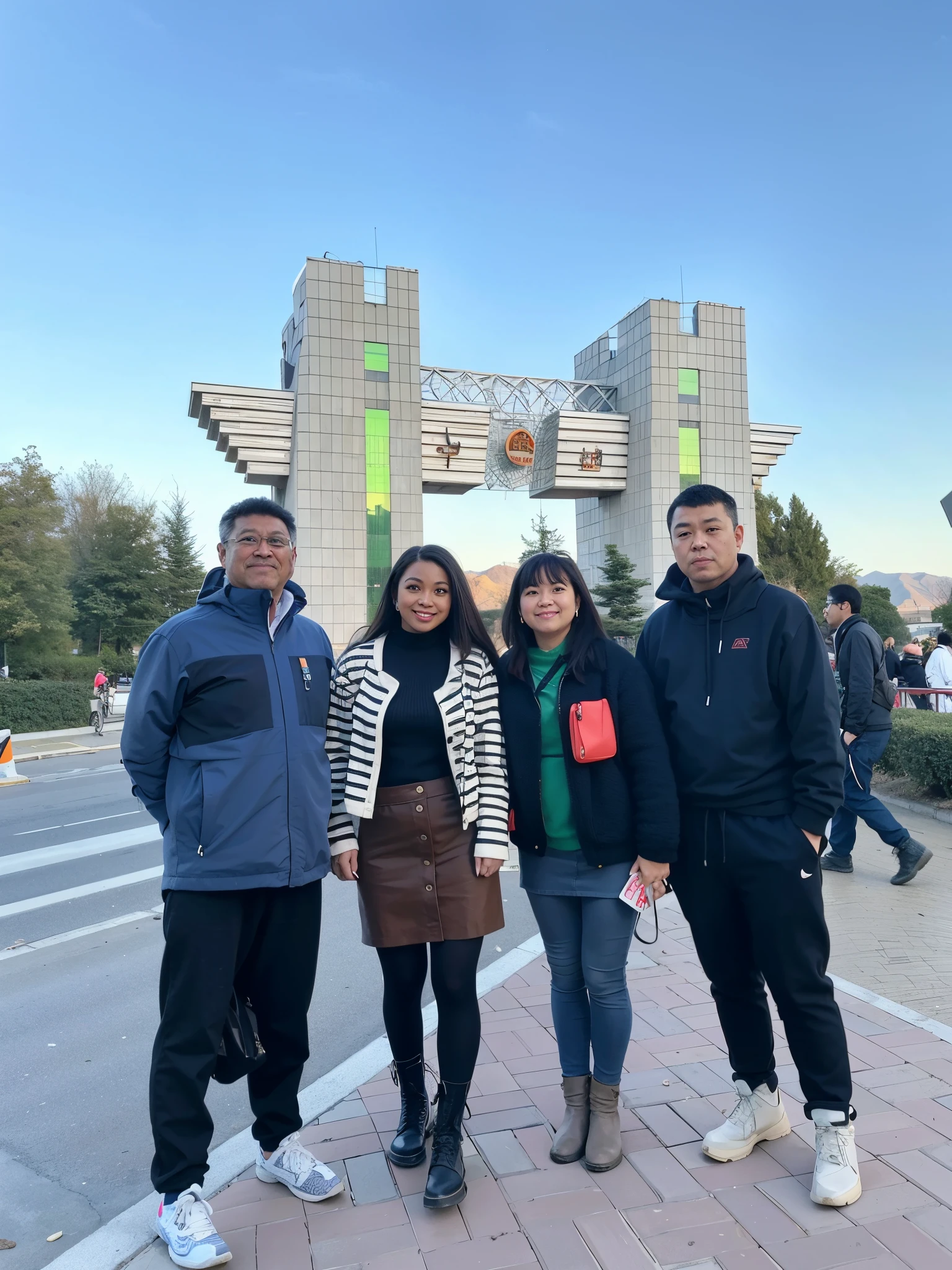Four people standing on the sidewalk in front of the building, The first one on the left is a boy, The second one is a girl,The third one is a middle-aged woman,The fourth one is a handsome boy,Girls wear miniskirts,Girls wear stockings,Girls show their breasts,from china, With mountains as a backdrop, park in background, mountain in background, mountain range in background, Taken in the early 2020s, college, vacation photo