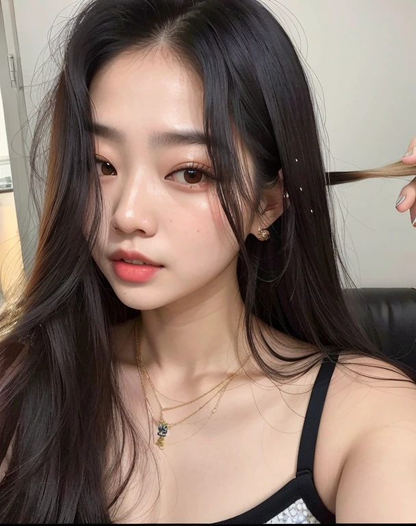 there is a woman who is brushing her long hair, Ulzzang, menina coreana, Mulher sul-coreana bonita, Jaeyeon Nam, linda mulher coreana jovem, Asian girl with long hair, mulher coreana jovem bonita, dilraba dilmurat, Ilya Kuvshinov com cabelo longo, com cabelos longos, Heonhwa Choe, korean face features
