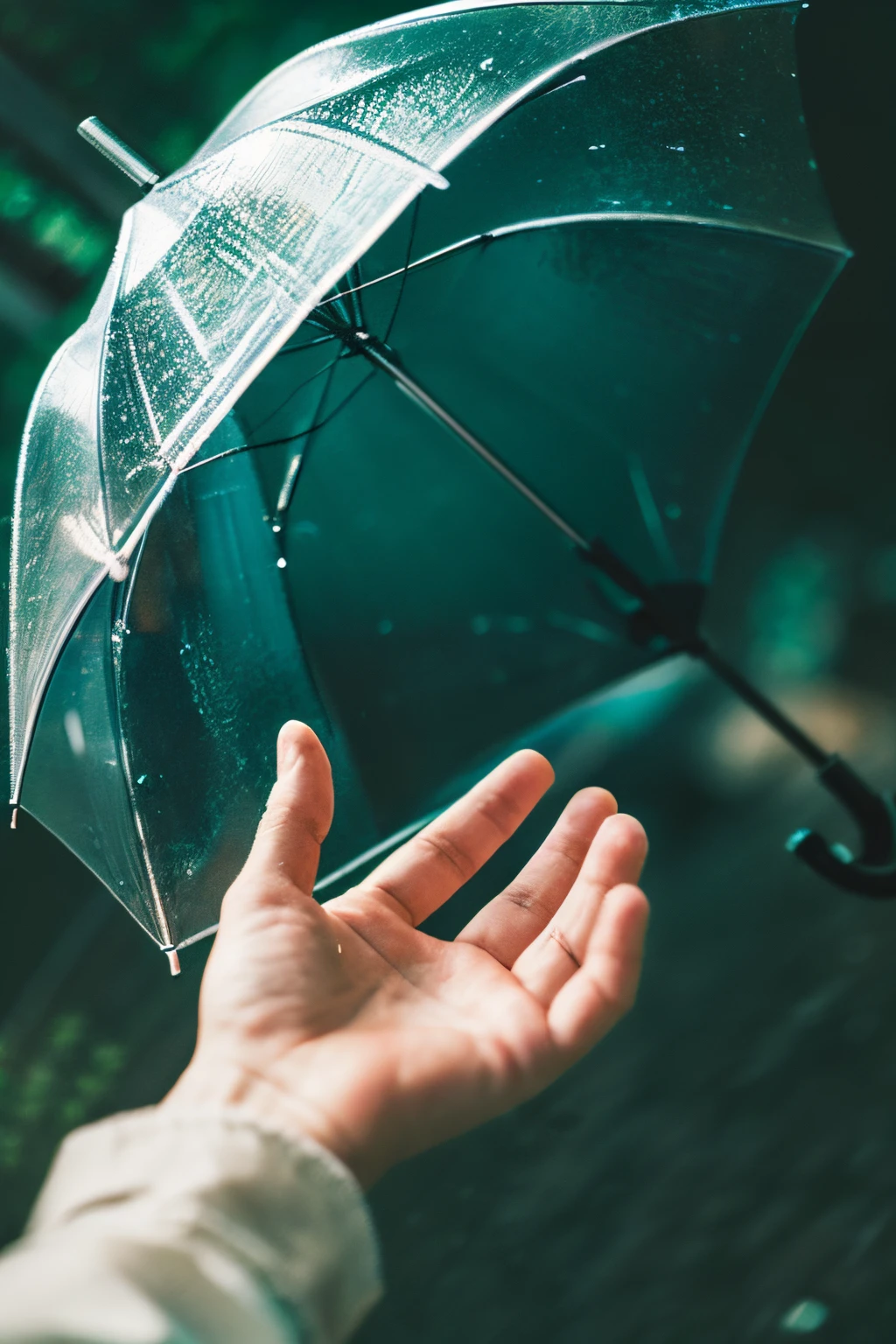 A hand holding out an umbrella in the rain,Focus on the hand