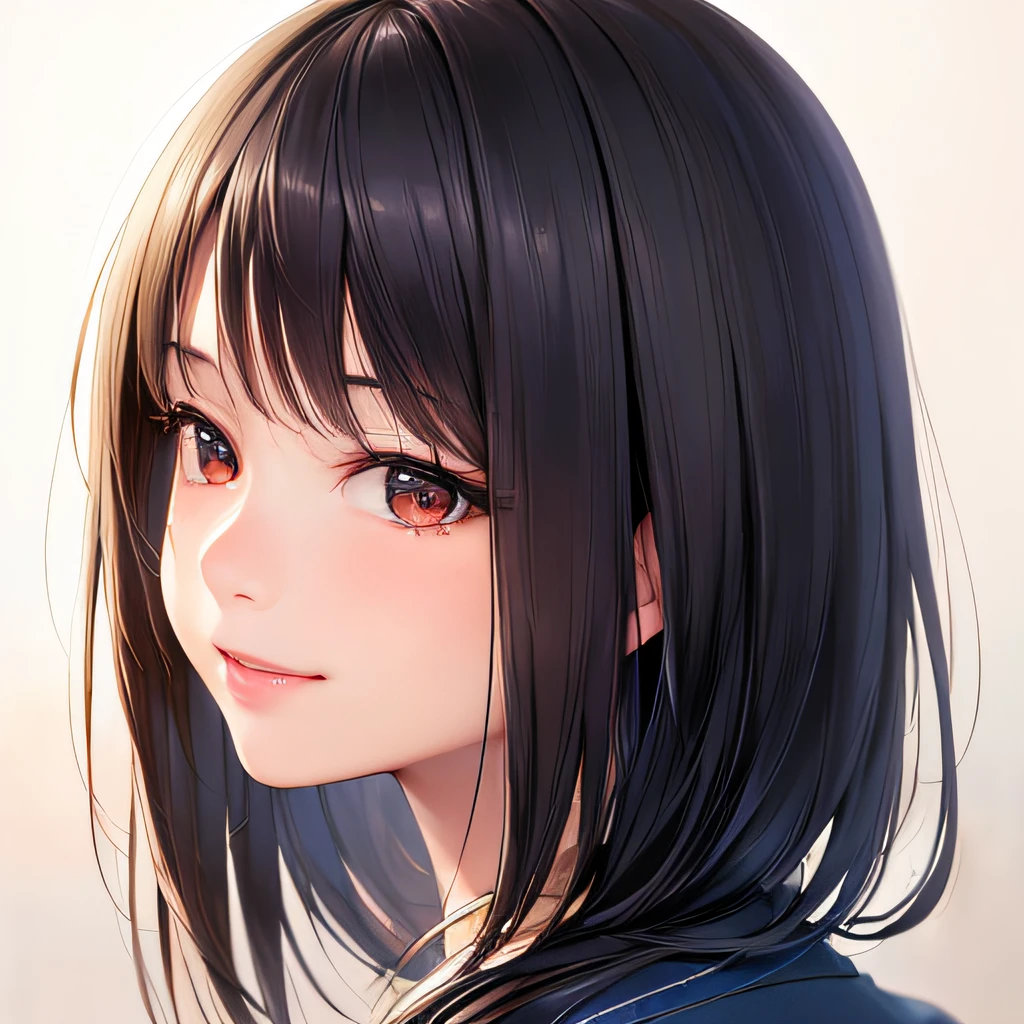 photographrealistic, (masutepiece,Best Quality:1.4),(8K,Raw photo,photographrealistic:1.2), Detailed skin,Detailed face,1girl in,Japanese Idol,Cute face, Black hair,slender, shiny eyes, Smile, close-up, Dutch Angle, looking away from viewer, Side view