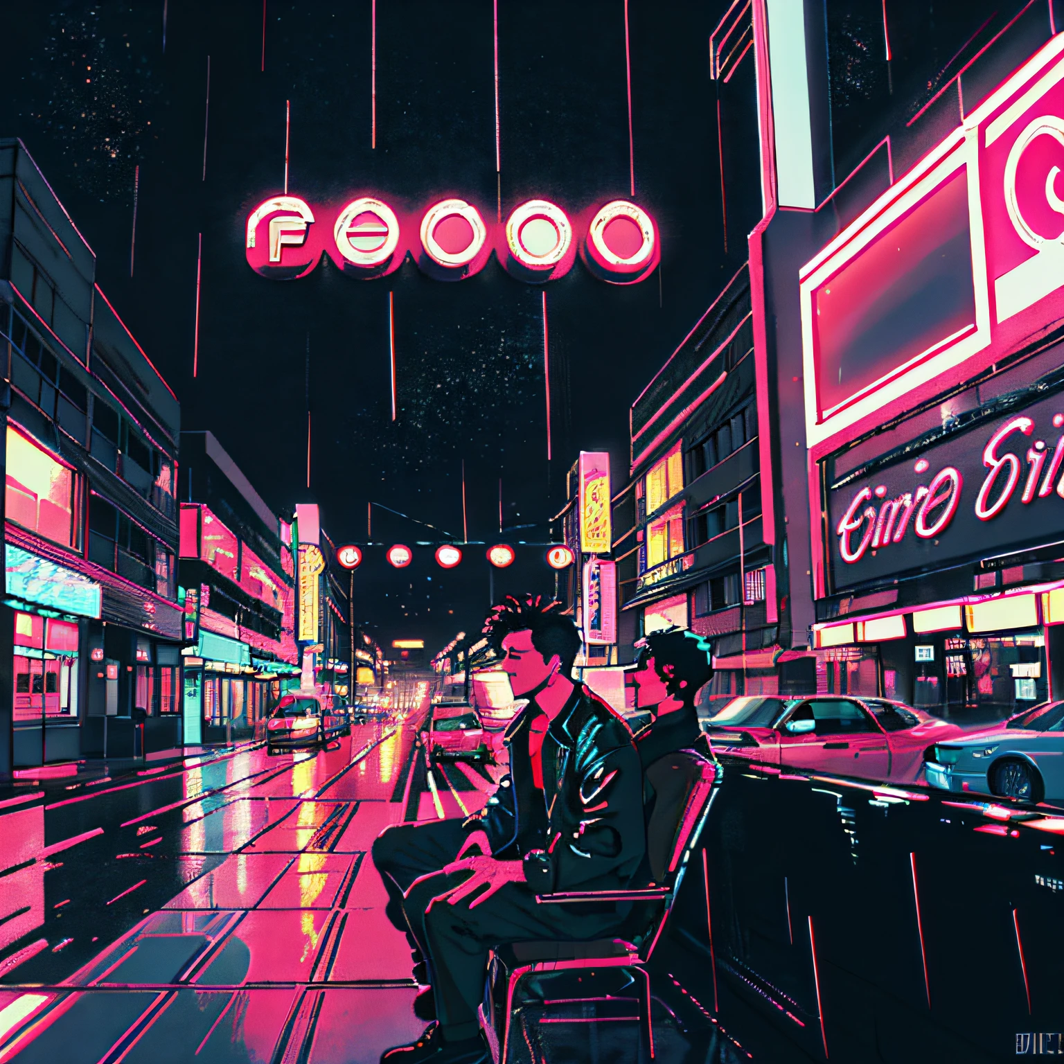 Create an evocative scene of a boy seated in a car, gazing pensively through the window at a sprawling road landscape reminiscent of San Francisco. Set a mood of melancholy with rain falling outside, blending European and American atmospheres, touched by a hint of retro and synthwave elements. Retrowave Synthwave Background With Neon Lights Everywhere.