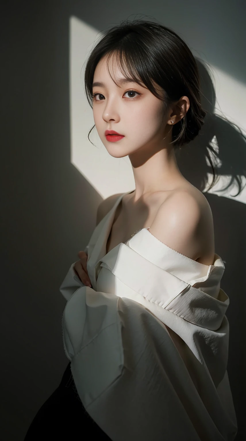 best qulity, The Masterpiece, ultra-highresolution, (Lifelike:1.5), OriginalPhotographs, 1girls, in dark, deep-shadows, lowkey, cold light, Sexy look, Long reddish-brown hair、Night scene,White blouse
