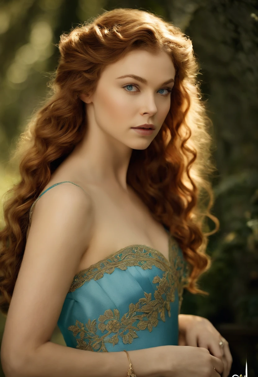 A delicate lace handkerchief embroidered with intricate floral patterns,HBO's Game of Thrones,Margaery is pretty with curly auburn hair, a heart shaped face, green eyes, wears sky blue dresses with gold jewelry, famously portrayed by Natalie Dormer, female