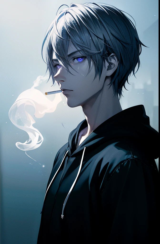 a lone man with short purple hair, sharp eye , white silver color eyes,wearing white hoodie ,blue aura, with a background seeing half body,light particles,a ,Best quality,Extreme Resolution,holding cigarette,
,soft lighting, volumetric lighting, intricate details, finely detailed,using model from DivineEleganceMix