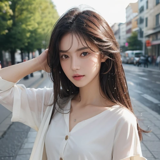 ((best qualtiy, 8k, tmasterpiece:1.3)), sharp:1.2, perfect figure beautiful woman:1.4, Slim abs:1.2, ((Layered Hair Style, Flat milk:1.2)), (Long shirt with wet white buttons:1.1),(Sateen,the street:1.2),Get wet:1.5,Highly detailed facial and skin texture,詳細な目,二重まぶた,Look sideways at the camera