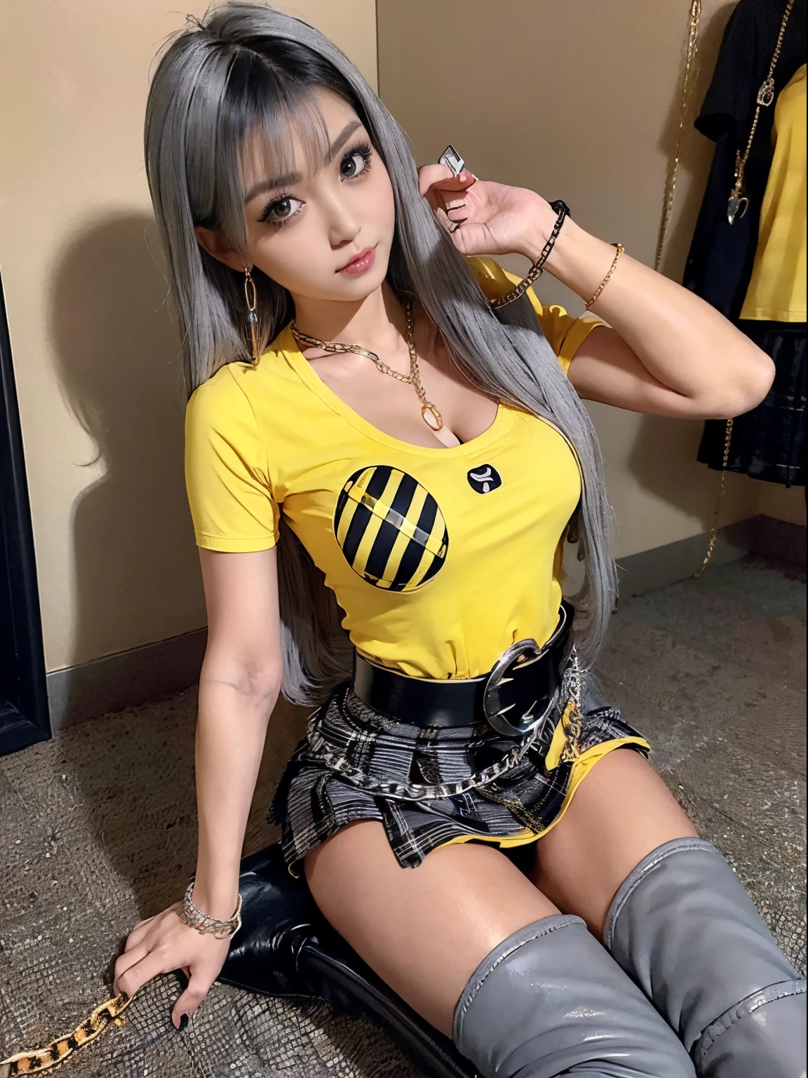 Photorealistic perfect body、(huge-breasted)、(cleavage of the breast:1.2)、(Waist slender:1.5)、(yellow shirt with logo:1.5)、(black plaid mini skirt:1.5)、(Chain Belt:1.5)、(kneehigh boots:1.5)、(one girls:1.9)、Ultra-high image quality、Ultra-high realistic image quality、(Gray hair:1.6)、japanes、、a baby face、thund is blurred、(tanned brown skin:1.5)、Dark eyeshadow、thick eyeliner、Gal style earrings、Gal style necklace、Gal style bracelet、gal make、fullllbody