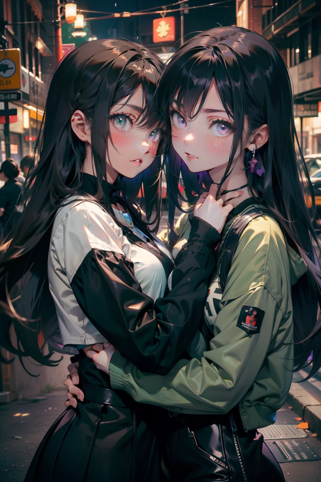 Two girls hugging each other, One has long black hair......., Purple eyes..., The other has long ash-gray hair......., Green eyes..., High quality, a couple , Girls love girls............., Yuri ,beautiful Girl, lesbian, Lovers ,. koi., . expression of love. Lovers. date. , street wear. Jacket ,Room
