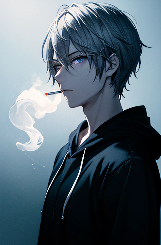 a lone man with short purple hair, sharp eye , white silver color eyes,wearing white hoodie ,blue aura, with a background seeing half body,light particles,a ,Best quality,Extreme Resolution,holding cigarette,
,soft lighting, volumetric lighting, intricate details, finely detailed,using model from DivineEleganceMix