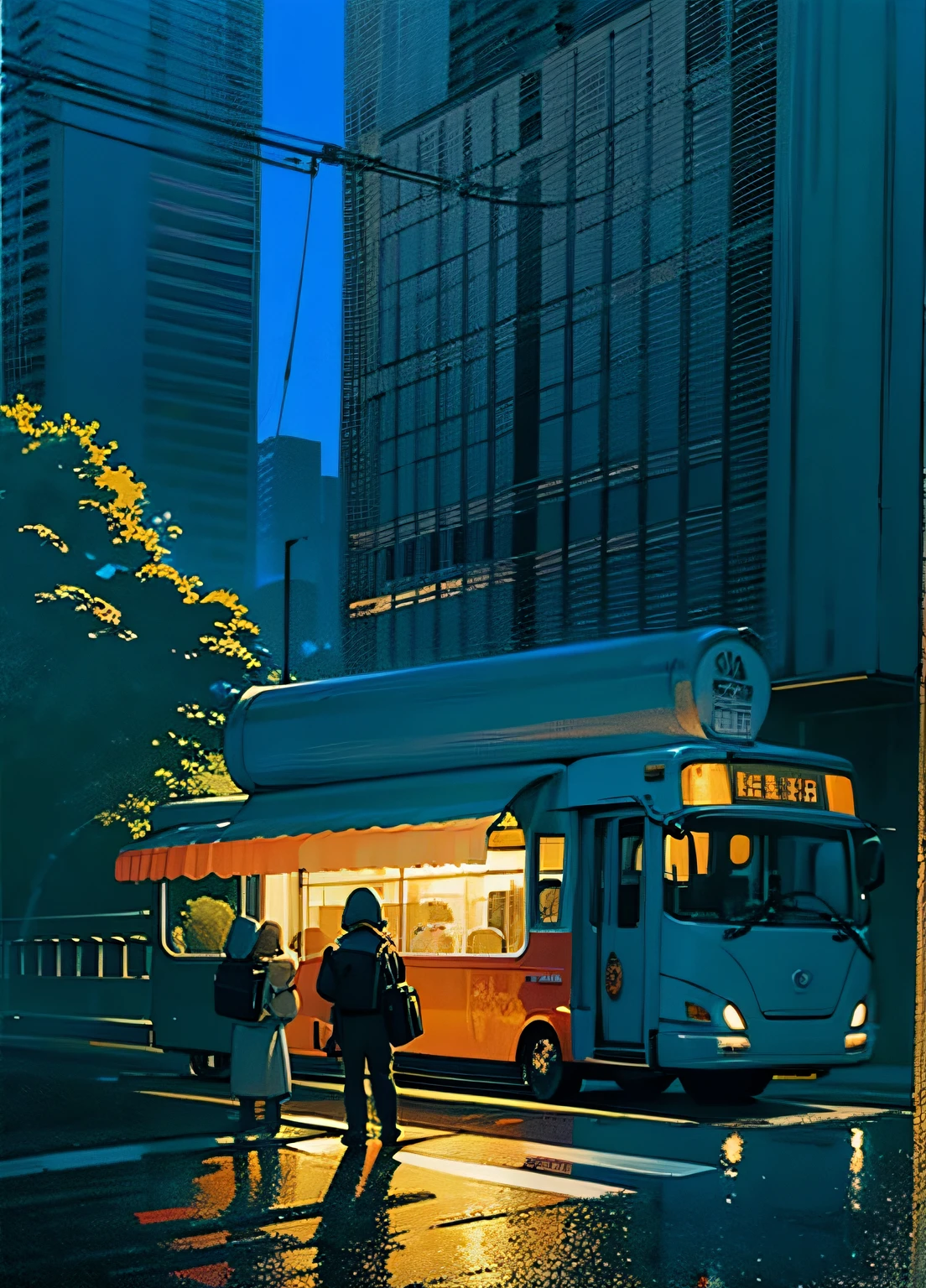 Two people stood outside the bus at night, Commercial illustration, conceptual drawing, Lo-Fi illustration style, author：Kamisaka Yukika, Blurry and dreamy illustration, published art, Made with illustrator, author：Middle school students, 2D illustration, 2D illustration, full page illustration, Poster illustration, drawn with photoshop, On the streets of the city
