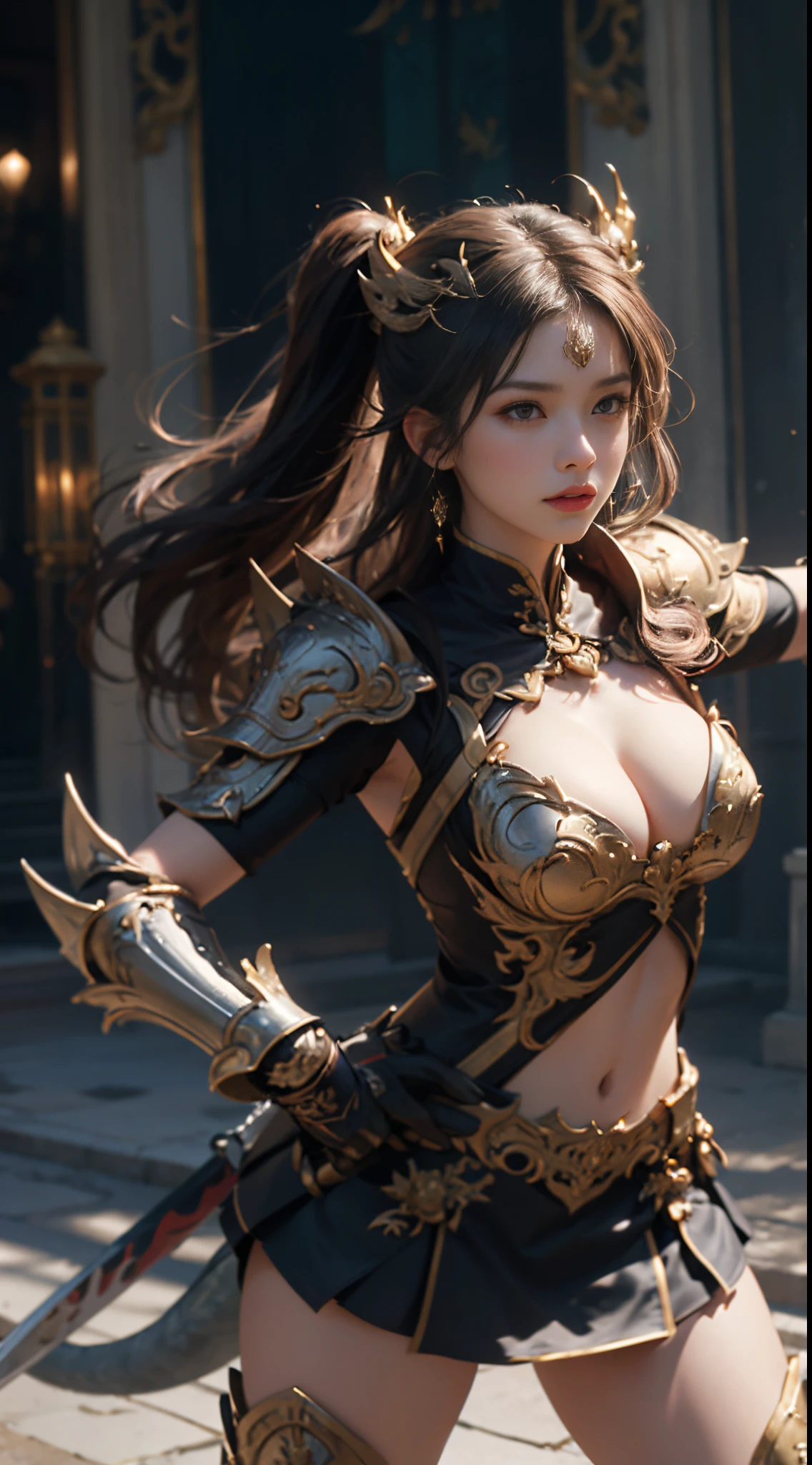 ((masterpiece))、((Best Quality))、((Surreal)), ((extremely details CG))、A MILF、美丽的面容、Female Generals、chineseidol、three kingdom、s Armor、cleavage of the breast、sexy armor、a miniskirt、Super Hi-Leg、Luxurious hair ornaments、cloaks、Combat stance、Has a blue dragon sword