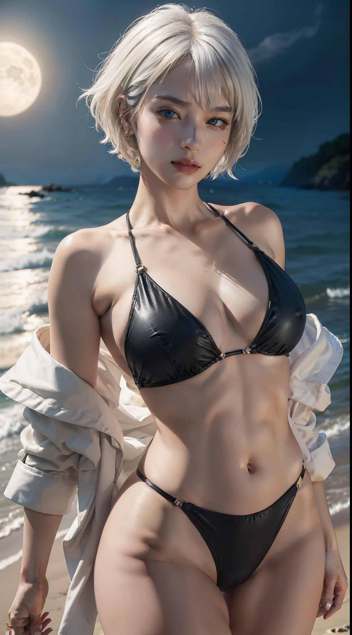 girl in swimsuit, bikini from Versacce, (the night), (Beach), (full moon), ((sexypose, sexy clothes)),(short white hair), (big breastes), (skin texture:1.1), (highly detail face:1.1), High detail of the body, highly detailed clothes, (Masterpiece), (Realistic), extra high resolution, 8K, extra high resolution, Film grain, Cinematic lighting, rim lighting, photo by Arnie Freytag