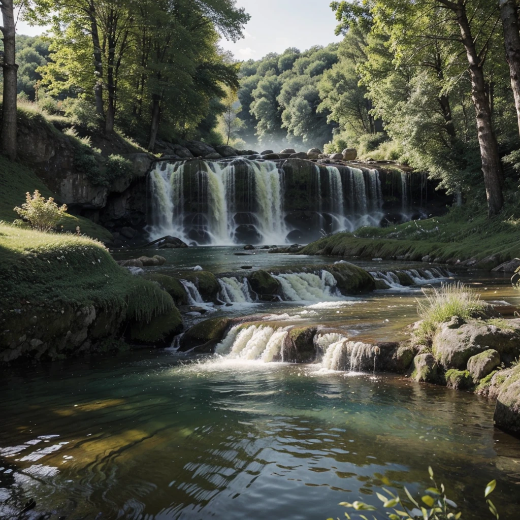 Génère une image d'une belle vue estivale sur la nature. Imagine une scène avec une rivière s'écoulant paisiblement à travers une région verdoyante. Assure-toi d'inclure des éléments joyeux et une palette de couleurs estivales. Captures les détails de la nature environnante qui créent une atmosphère calme et réjouissante. Sois créatif dans la représentation de cette scène estivale idyllique."