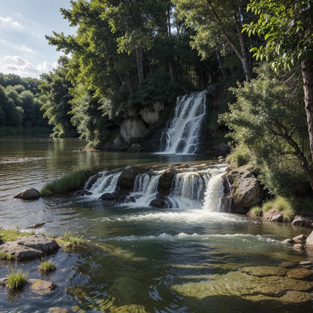 Génère une image d'une belle vue estivale sur la nature. Imagine une scène avec une rivière s'écoulant paisiblement à travers une région verdoyante. Assure-toi d'inclure des éléments joyeux et une palette de couleurs estivales. Captures les détails de la nature environnante qui créent une atmosphère calme et réjouissante. Sois créatif dans la représentation de cette scène estivale idyllique."