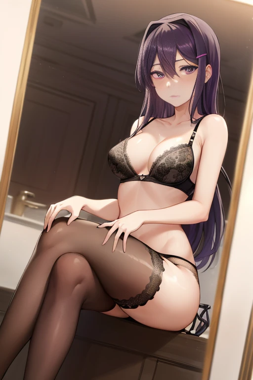 2d, masterpiece, ((sitting)),((crossed legs)) bathroom, best quality, full body, full pose, anime, highly detailed, cowboy shot, 1girl, solo, yuri, purple hair, purple eyes, long hair, hair between eyes, hairclip, medium breasts, ((black lace bra:1.4)),((black lace panties:1.4)), ((black stockings)), thights, slim body, armpits, ((selfie)), slim legs, bare legs, (( face)), blushing, red face, ((bare feets)), ((looking at viever))