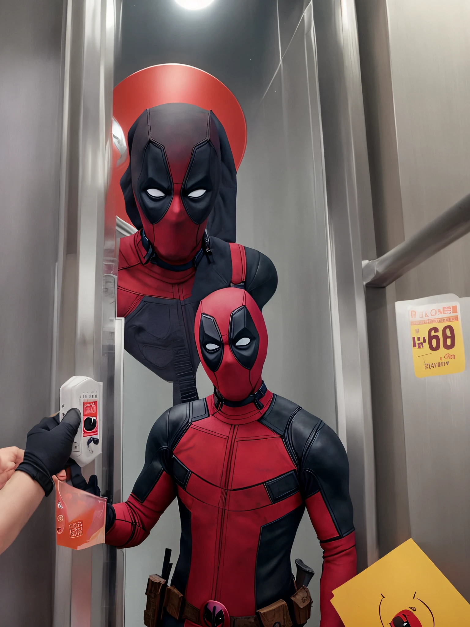 Deadpool with luffy wearing cap in the elevator rounded camera