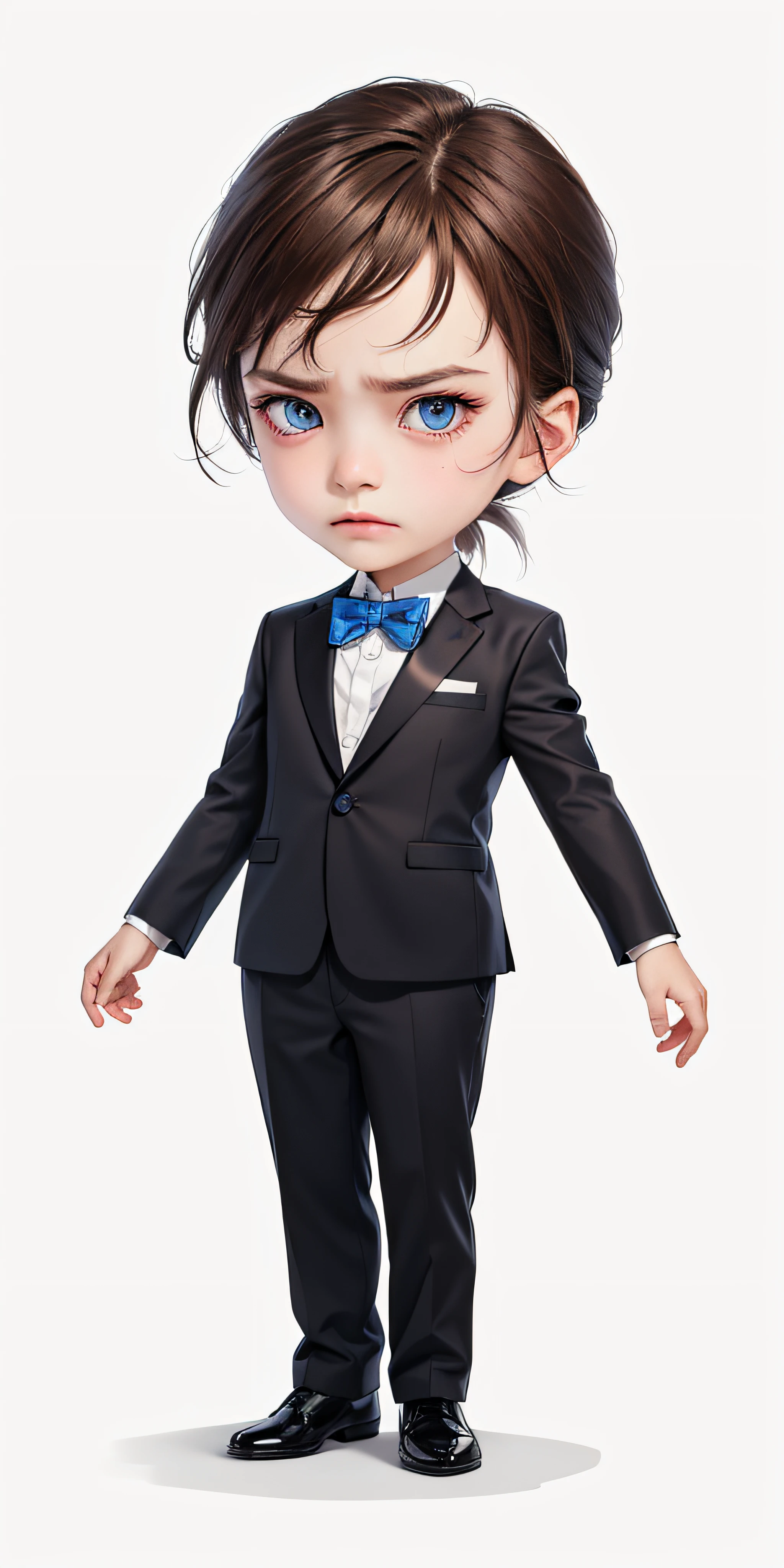 There is one wearing a suit、man wearing bow tie, angry look ,low-contrast, forward lighting, Best quality, tmasterpiece,black hair color hair, eBlue eyes,