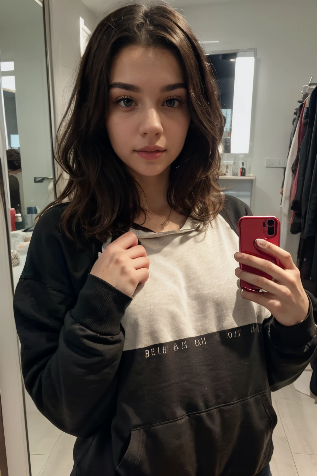 (best quality, highres, ultra-detailed), german brunette emo girl with curly hair, Black crop hoodie,red slip, Selfie, mirror, iphone