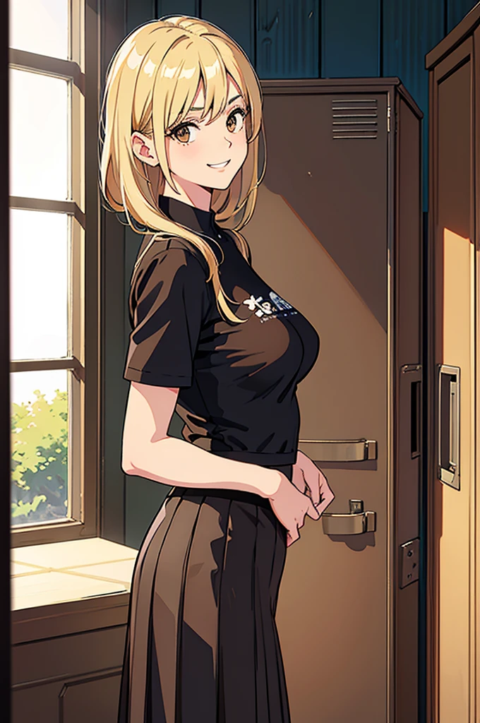 （masterpiece, a high resolution, best quality, 1.2) 1girl, medium blond hair, side parted, straight, brown round eyes,（Large, Perfect round hips) photograph realistic, medium breasts, black crop tee, short sleeves, flowy skirt, smug grin, high school locker bg