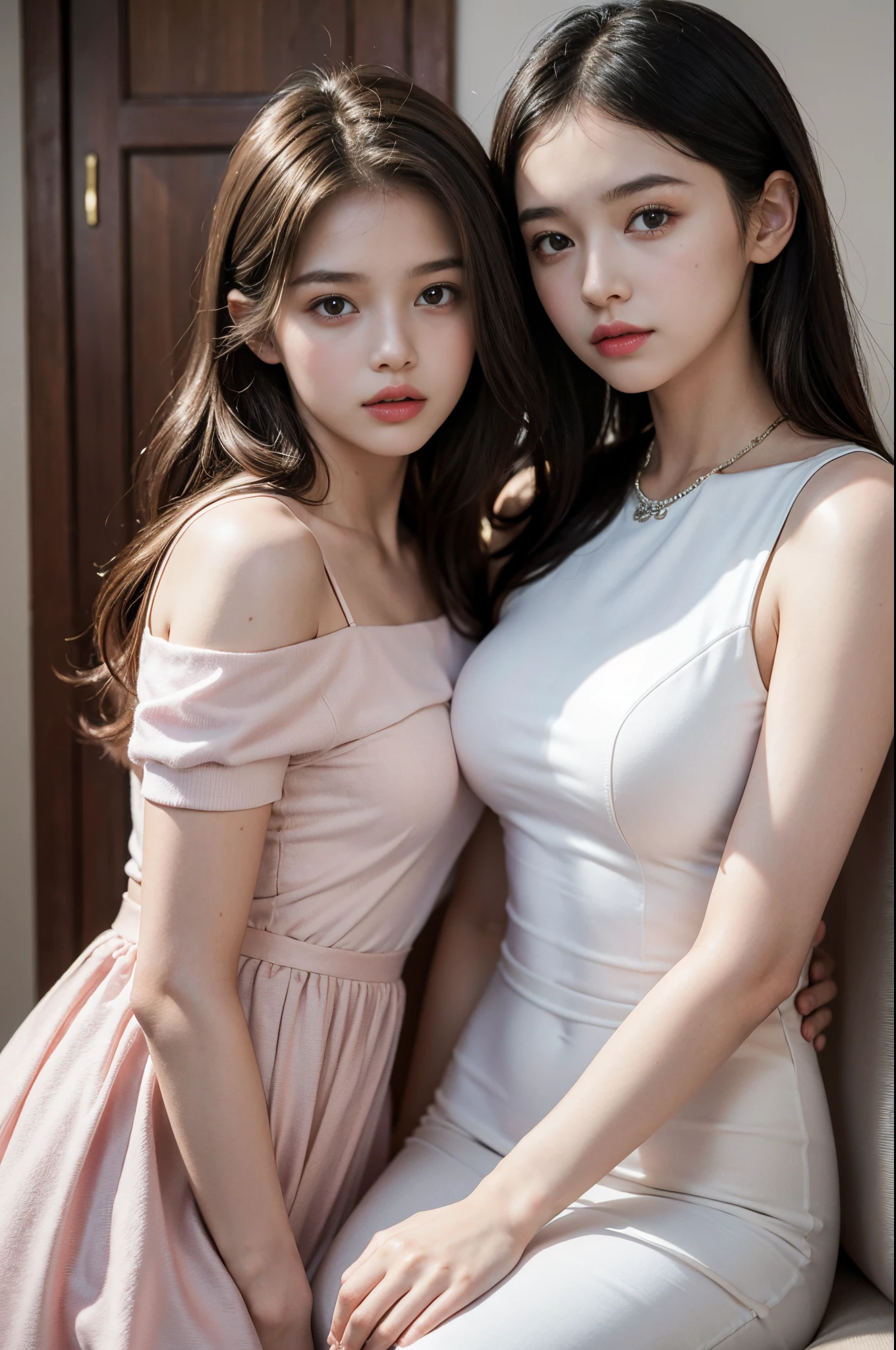 ((RAW photo), absurd, (absurdresolution)), masterpiece, best quality, (best shadow), beautiful detailed glow, hyperrealism, arafed woman, (Brown hair with pink and blue tones.), (blue eyes sharp pupil, realistic), (lipstick, makeup), (short white dress, white tights), ((sitting, elbows on knees, hands on chin, on steps of lookout to intricate viaduct)), (background: full moon), «SunPuma S»