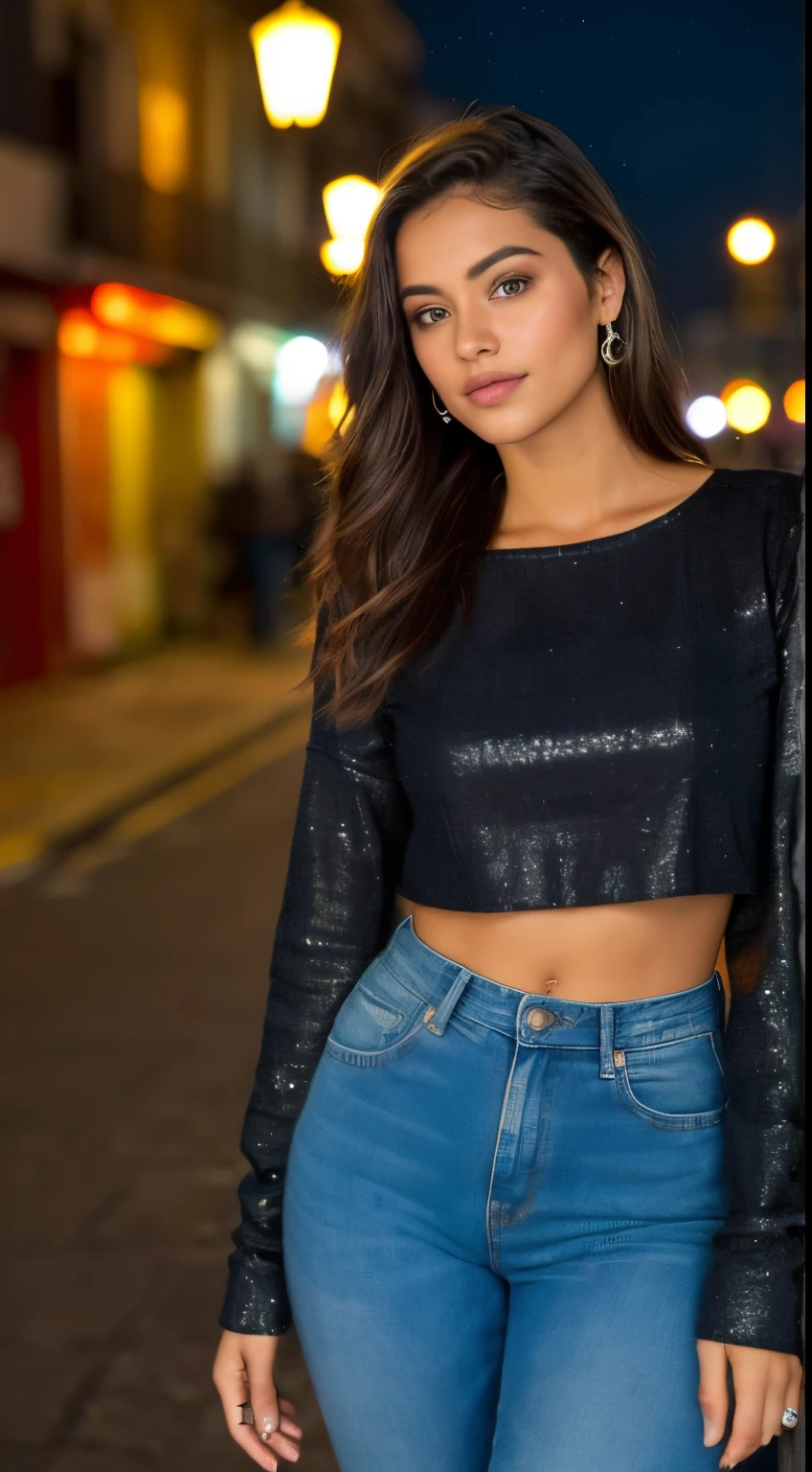 (corpo inteiro reto: 1.4), Foto de retrato RAW UHD de uma morena de 24 anos (mulher de olhos verdes), sensual, unbuttoning clothes jeans, visible underwear, Um beco escuro, city at night, (jeans), (decote), Detalhes (Texturas! , Hair! , Glitter, Cor!! , Desvantagens: 1.1), olhos brilhantes com alto detalhe (looking at the camera), SLR lighting, SLR camera, ultra-qualidade, agudeza, profundidade de campo, filmic grain (centro), Fujifilm XT3, Cristalina, centro do quadro, beautiful face, foco nítido, street lamp, neon lighting, Bokeh (mal iluminado), Noite, (night sky), poros detalhados da pele, pele oleosa, queimadura solar, Detalhes Oculares Complexos, corpo inteiro, seios grandes ,numa cafetaria com seu  macbook