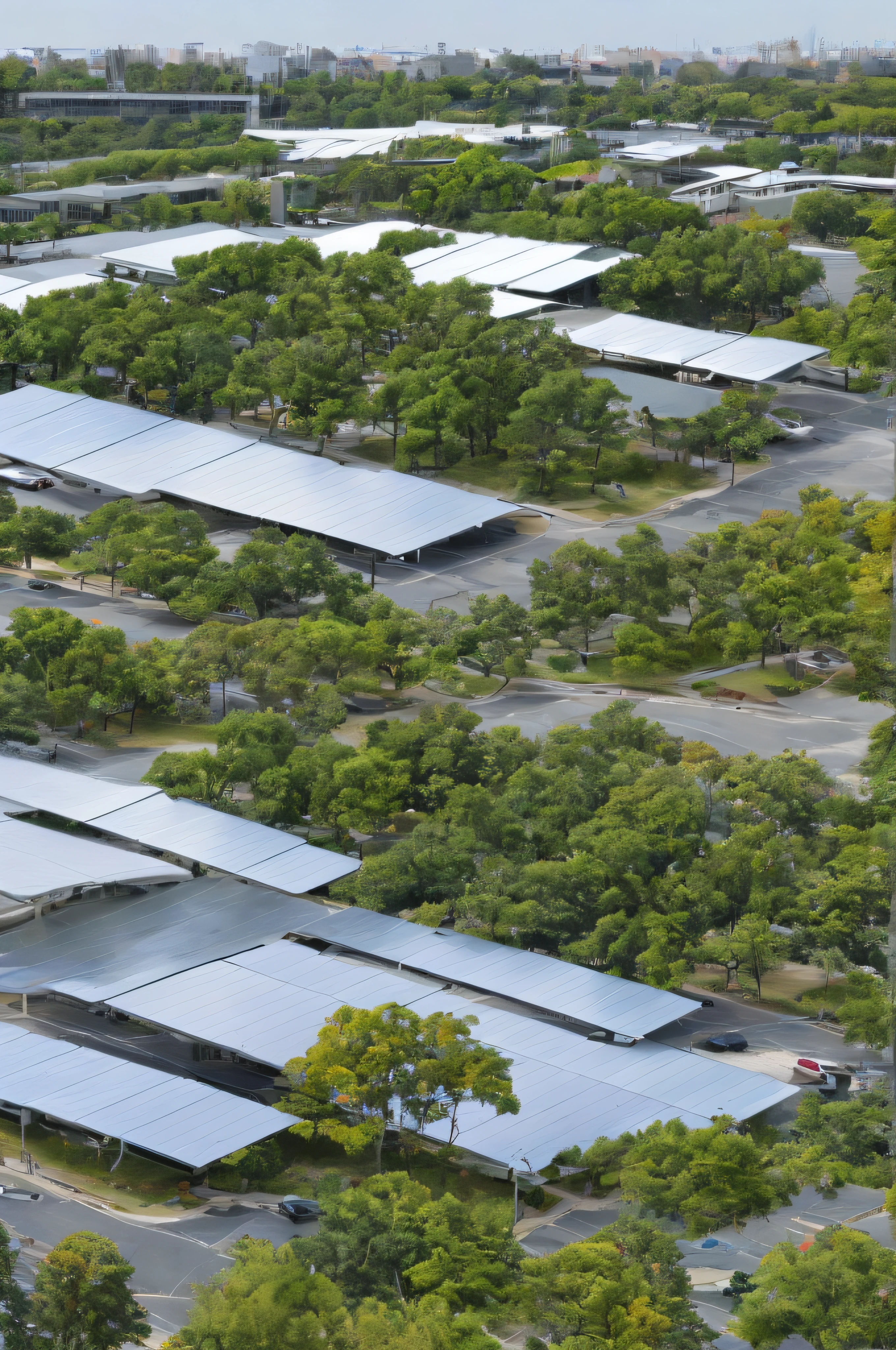 Parkplatzdach aus Stahlkonstruktion, Dach mit PV-Modulen. There are green trees next to the parking spaces.