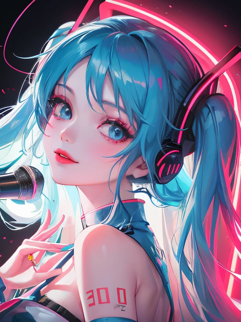 1 girl in、miku hatsune、blue hairs、length hair、up hair、chinese clothes、lolita、Smile、neon signs、Singing Girl、A detailed face、red lipsticks