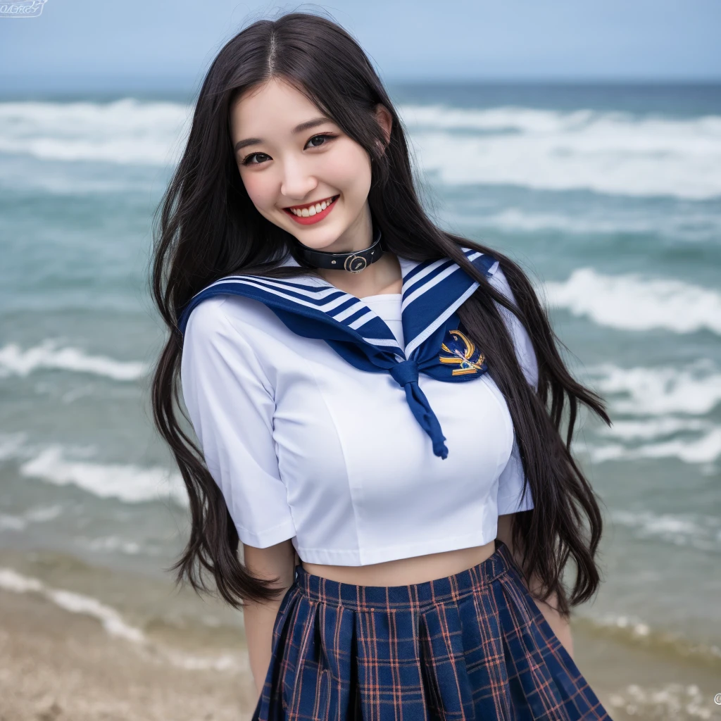8k RAW photo, Best Quality, masutepiece, 超A high resolution, 。.3D, Realistic, 1girl in, Japanese, Black_hair, Black_sailor_Collar, long_hair, Nose, School_uniform, neckerchief, Natural Skin Texture, Light brown_eye, Eyes and faces with detailed, Lips, lip stick, Smile, 牙, Beautiful legs, huge-breasted, Beautiful seaside location, (Detailed background), plaid skirts, White shirt, huge-breasted, Blurry background, Short sleeves
