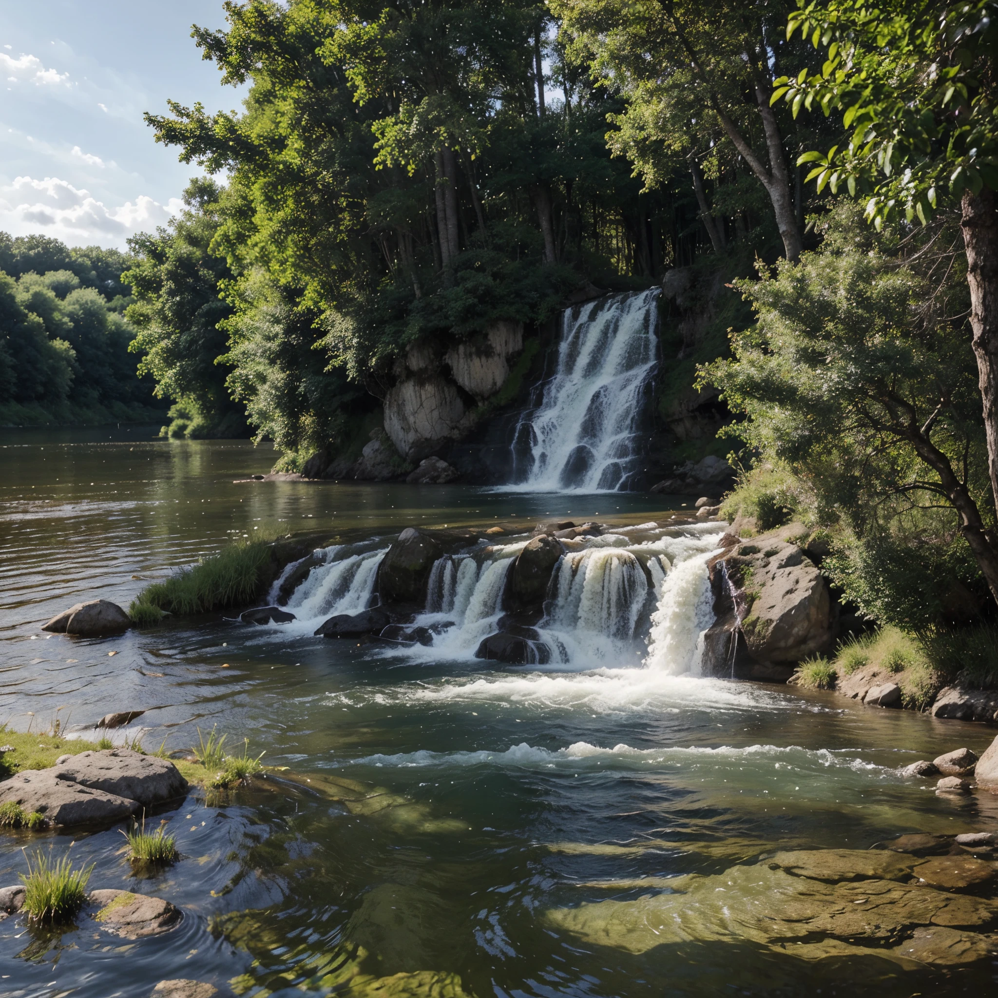 Génère une image d'une belle vue estivale sur la nature. Imagine une scène avec une rivière s'écoulant paisiblement à travers une région verdoyante. Assure-toi d'inclure des éléments joyeux et une palette de couleurs estivales. Captures les détails de la nature environnante qui créent une atmosphère calme et réjouissante. Sois créatif dans la représentation de cette scène estivale idyllique."