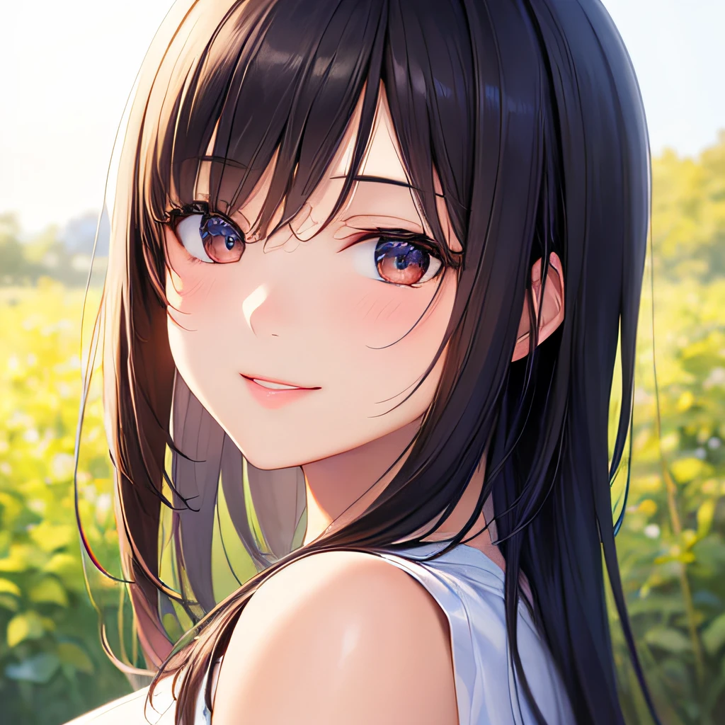 photographrealistic, (masutepiece,Best Quality:1.4),(8K,Raw photo,photographrealistic:1.2), Detailed skin,Detailed face,1girl in,Japanese Idol,Cute face, Black hair,slender, shiny eyes, Smile, close-up, Dutch angle BREAK that turns away from the viewer, Side view