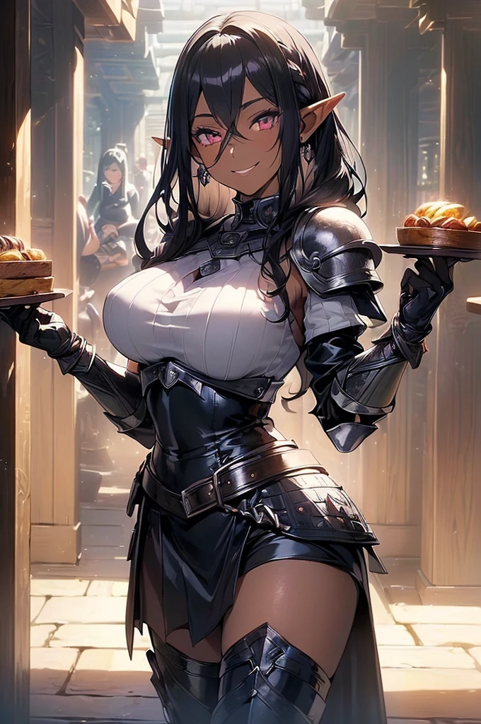 (((Masterpiece、top-quality、high-detail、High and fine)))、1人、((((beautiful woman with dark skin))))、elf-ears、silver wavy medium hair、Brilliant pink eyes、Beautiful breasts、Beautiful butt、black leather light armor、((Inappropriate smile))、Black leather skirt、(((Turned)))、(((Medieval tavern)))、(((Dark shadows)))