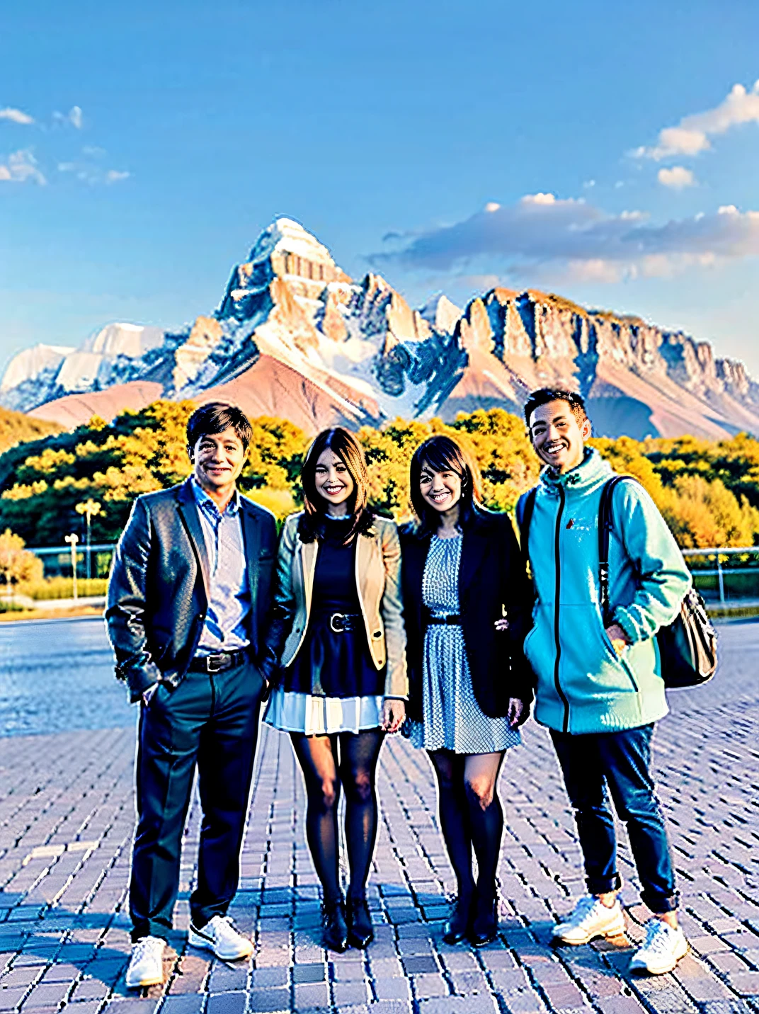 Four people standing on the sidewalk in front of the building, The first one on the left is a boy, The second one is a girl,The third person is a middle-aged woman,The fourth one is a handsome guy,Girls wear mini skirts,Girls wear stockings,Girl shows her breasts,from china, With mountains as a backdrop, park in background, mountain in background, mountain range in background, Taken in the early 2020s, college, vacation photo