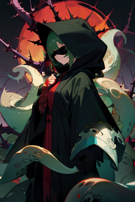 Dark green background,huge blue eyeball,purple thorns