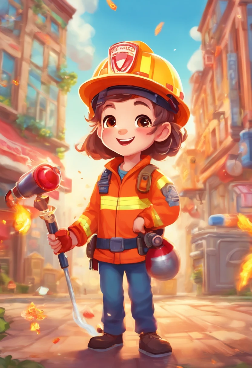 A funny little firefighter in a whimsical scene, cartoonish style, vibrant colors, realistic fire effects, detailed fire hose, cute and exaggerated proportions of the firefighter, bustling fire station backdrop, dynamic and action-packed composition, shiny metal and reflective surfaces, bright and warm lighting, playful expressions on the firefighter's face, the firefighter holding a small fire extinguisher, sparks and embers floating in the air, cheerful and energetic atmosphere, high-resolution artwork.