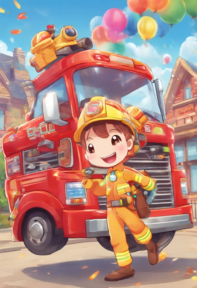 A funny little firefighter in a whimsical scene, cartoonish style, vibrant colors, realistic fire effects, detailed fire hose, cute and exaggerated proportions of the firefighter, bustling fire station backdrop, dynamic and action-packed composition, shiny metal and reflective surfaces, bright and warm lighting, playful expressions on the firefighter's face, the firefighter holding a small fire extinguisher, sparks and embers floating in the air, cheerful and energetic atmosphere, high-resolution artwork.