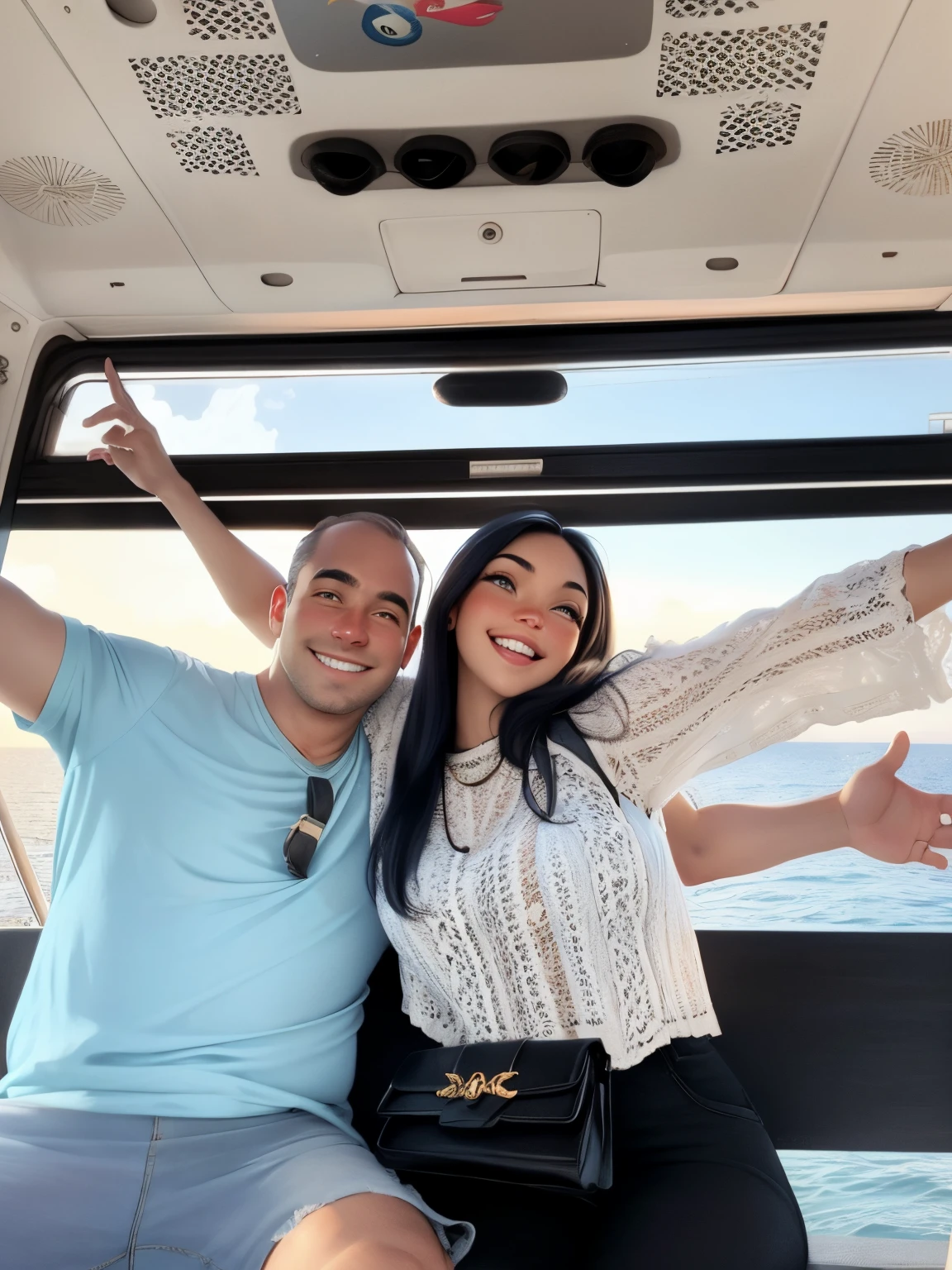 A very happy couple sitting on a high ferris wheel with blue sea in the background. The men is sitting on the left side with a big smile and hands in the air crossing the hands with his wife.His nipple is touching her boobs. The couple heads almost touch each other. His right hand is showing behind her back. The man is white Caucasian background and has a square chubby face. He has his eyes pinched of the big smile, his hair is European darkblonde straight he has starting balding in front of his head. He has a light blue tshirt and his sunglasses hanging on the collar of his shirt. He has a darkblue jogging short on.
The woman is pretty Latina with long black hair. She is smiling very big with white teeth and eyes pinched. Thin eyebrows Her hands are up in the air. The left hand is a finger pointed to the sky behind his left ear. Her right hand is showing up in the air as wel. She has on a white detailed patterned t shirt. She is wearing a black crossbody bag with gold details and gold chain. She is wearing black jeans