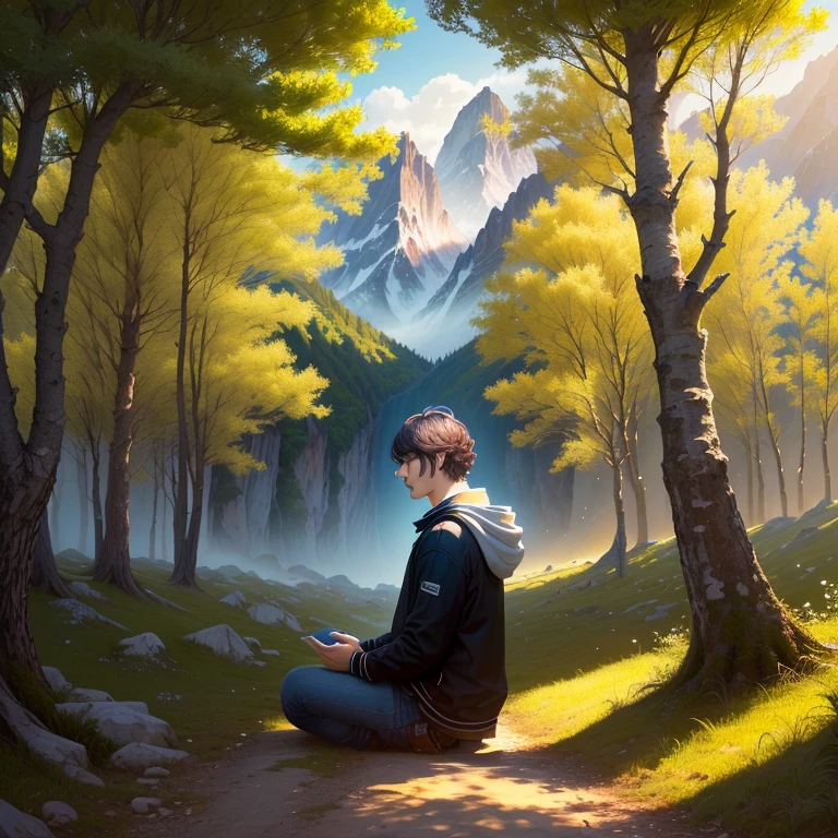 Persona orando a Dios en un ambiente con mucha tranquilidad, en un paisaje, lleno de luz y armonia