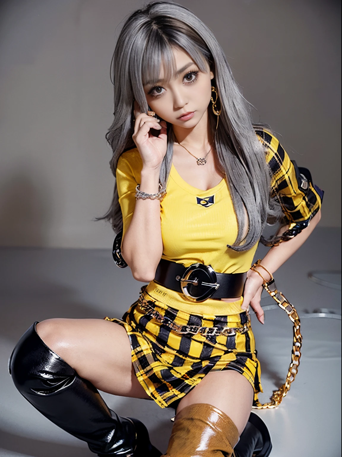 Photorealistic perfect body、(huge-breasted)、(cleavage of the breast:1.2)、(Waist slender:1.5)、(yellow shirt with logo:1.5)、(black plaid mini skirt:1.5)、(Chain Belt:1.5)、(kneehigh boots:1.5)、(one girls:1.9)、Ultra-high image quality、Ultra-high realistic image quality、(Gray hair:1.6)、japanes、Teenage face、a baby face、the background is blurred、(tanned brown skin:1.5)、Dark eyeshadow、thick eyeliner、Gal style earrings、Gal style necklace、Gal style bracelet、gal make、fullllbody