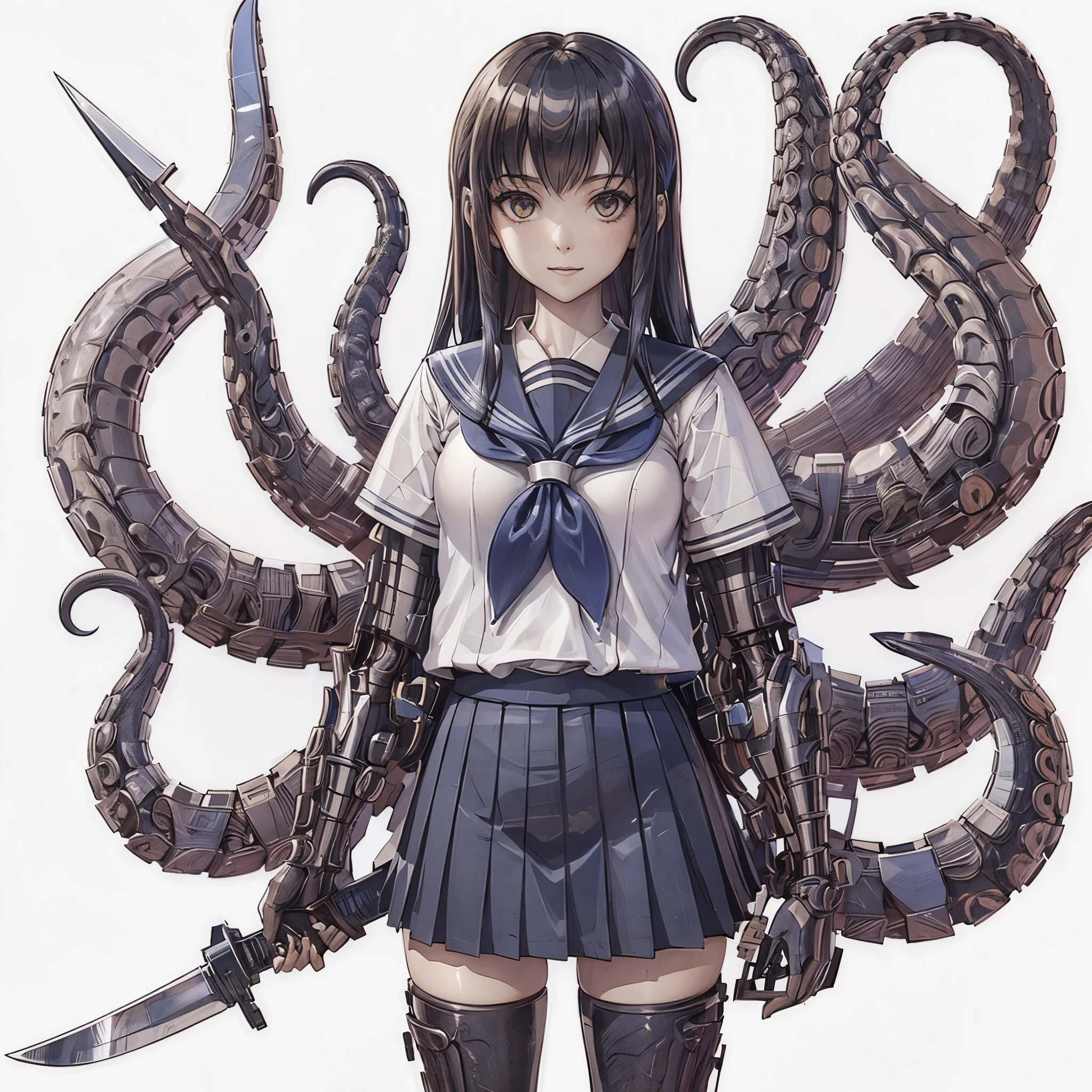 A girl with tentacles. She is a mechanical tentacle. A knife at the tip of the tentacle. Japanese school uniform.