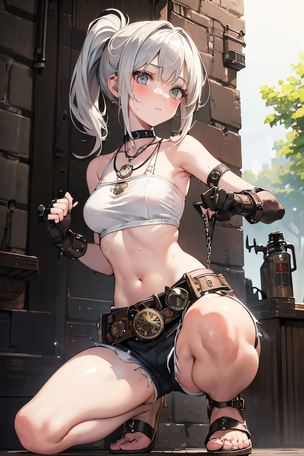 ((Masterpiece)), (highly saturated), (RAW photo: 1.2), (best quality:1.2), (from below), intricate details, pale silver hair, cute teenage girl, (sweaty), (lewd face, very blush), 1girl, (ponytail hair), single elbow glove, ragged short shorts, cute bikini top only, steampunk necklace, belt, bullet, full body, (cute pose), (crouch down), (steampunk factory)